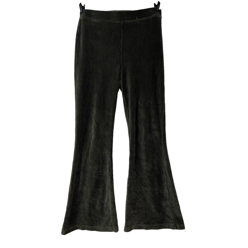 Aerie Dark Olive Green Corduroy Flare Pants Ribbed Elastic Waist Wide Leg Sz XL